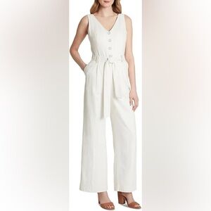 NWT TAHARI ASL IVORY WHITE LINEN BELTED WIDE LEG JUMPSUIT SIZE 8 Retails $139